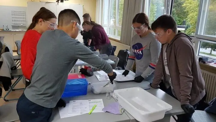Schülerinnen und Schüler mit Schutzbrillen und Handschuhen beim Experimentieren an einem Labortisch