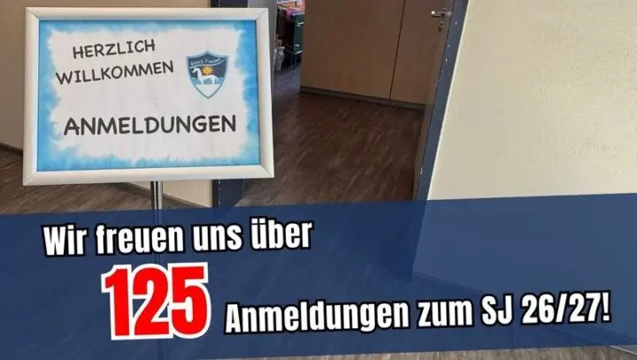 Aufsteller „Herzlich willkommen – Anmeldungen“ mit eingeblendetem Text zu 125 Anmeldungen