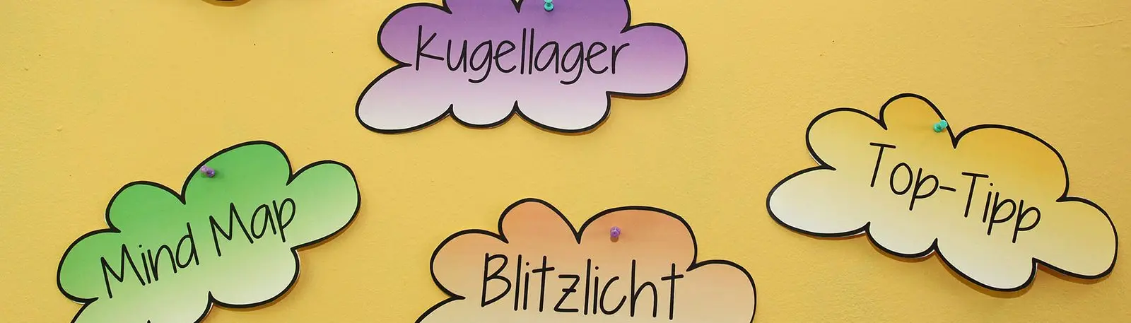 Wolkenförmige Karten an gelber Wand mit den Methoden Kugellager, Mind Map, Blitzlicht und Top-Tipp