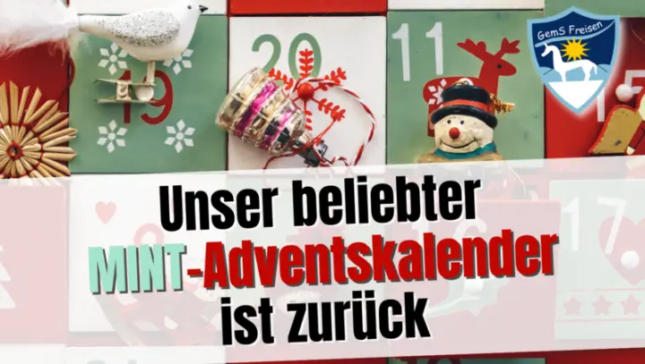 Grafik mit Adventskalender-Türchen und Schulwappen
