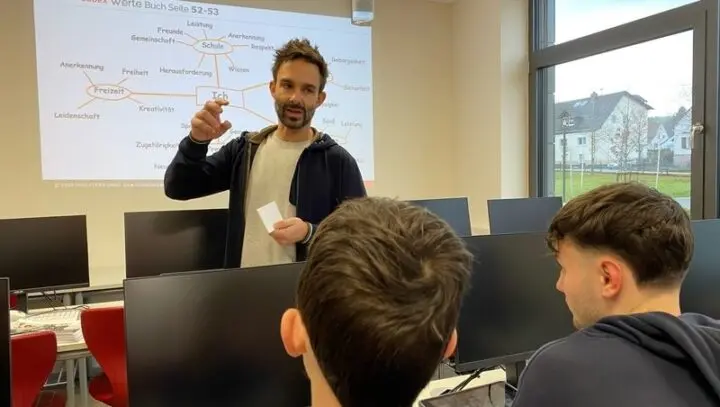 Mann erklärt vor einer projizierten Werte-Mindmap, im Vordergrund Jugendliche