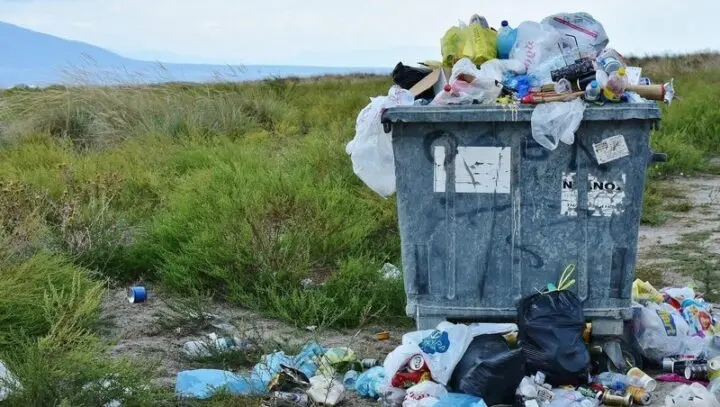Überfüllter Müllcontainer mit Plastikmüll in einer Graslandschaft, daneben verstreuter Abfall