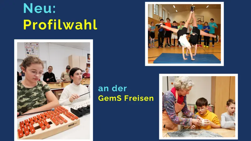 Grafik zur Profilwahl mit drei Fotos: Musizieren, Turnen, Handwerk