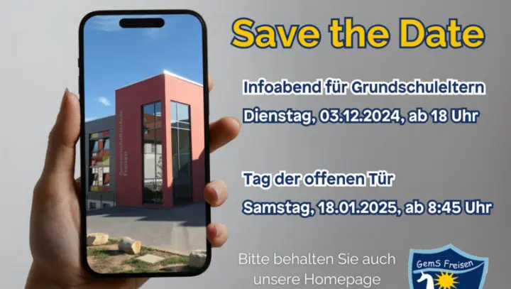 Save-the-Date-Grafik mit Terminen für Grundschuleltern, Hand hält Smartphone mit Foto des Schulgebäudes