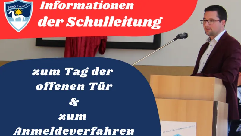 Grafik „Informationen der Schulleitung zum Tag der offenen Tür & zum Anmeldeverfahren“ mit Redner am Pult