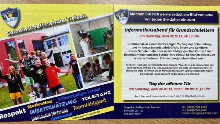 Flyer zum Informationsabend für Grundschuleltern und zum Tag der offenen Tür