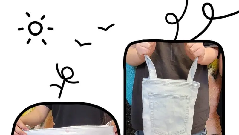 Ausschnitt einer Collage mit einer Tasche aus heller Jeans und Kritzelzeichnungen